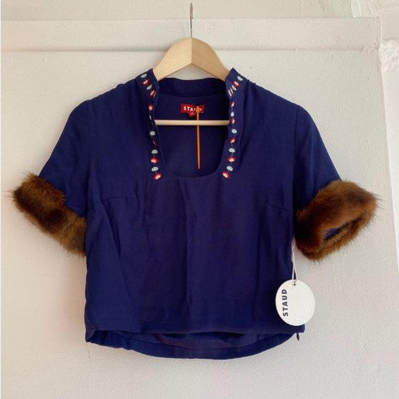 STAUD Astrid Cropped Faux Fur-Trimmed Top, S - Picture 2 of 5